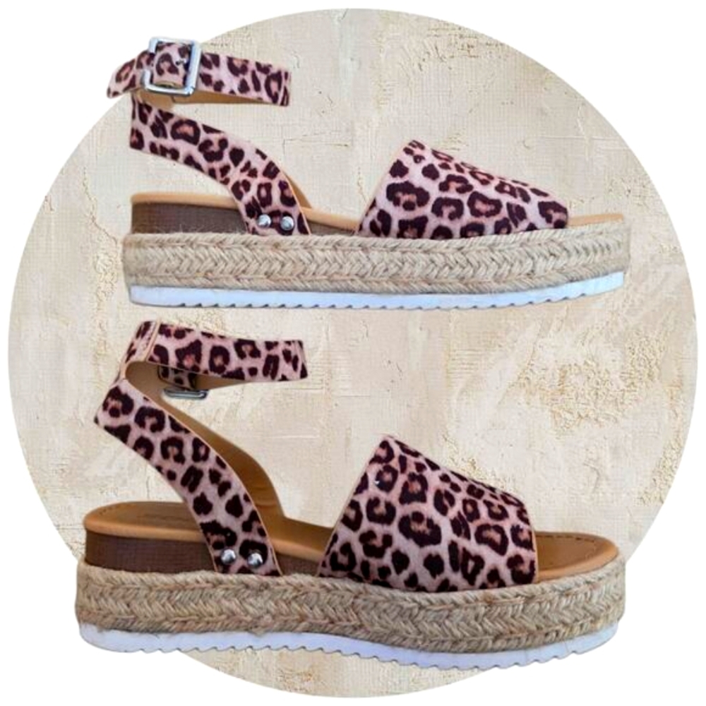SODA Open Toe Espadrille Animal‎ Print Buckle Strap Platform Wedge Sandal Sz 9